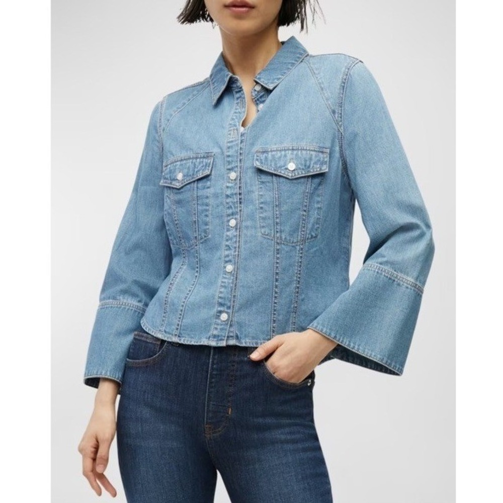 Veronica Beard Tivi Denim Flared-Sleeve Shirt, Iceberg Blue, Bell Sleeve Large